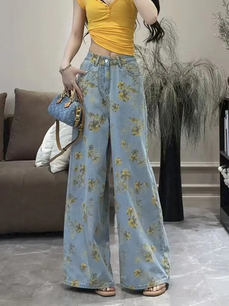 New High Waist 2025 American Retro Plant Flower Print Ladies Commuter Wide-leg Jeans Youthful and Beautiful Out of The Street