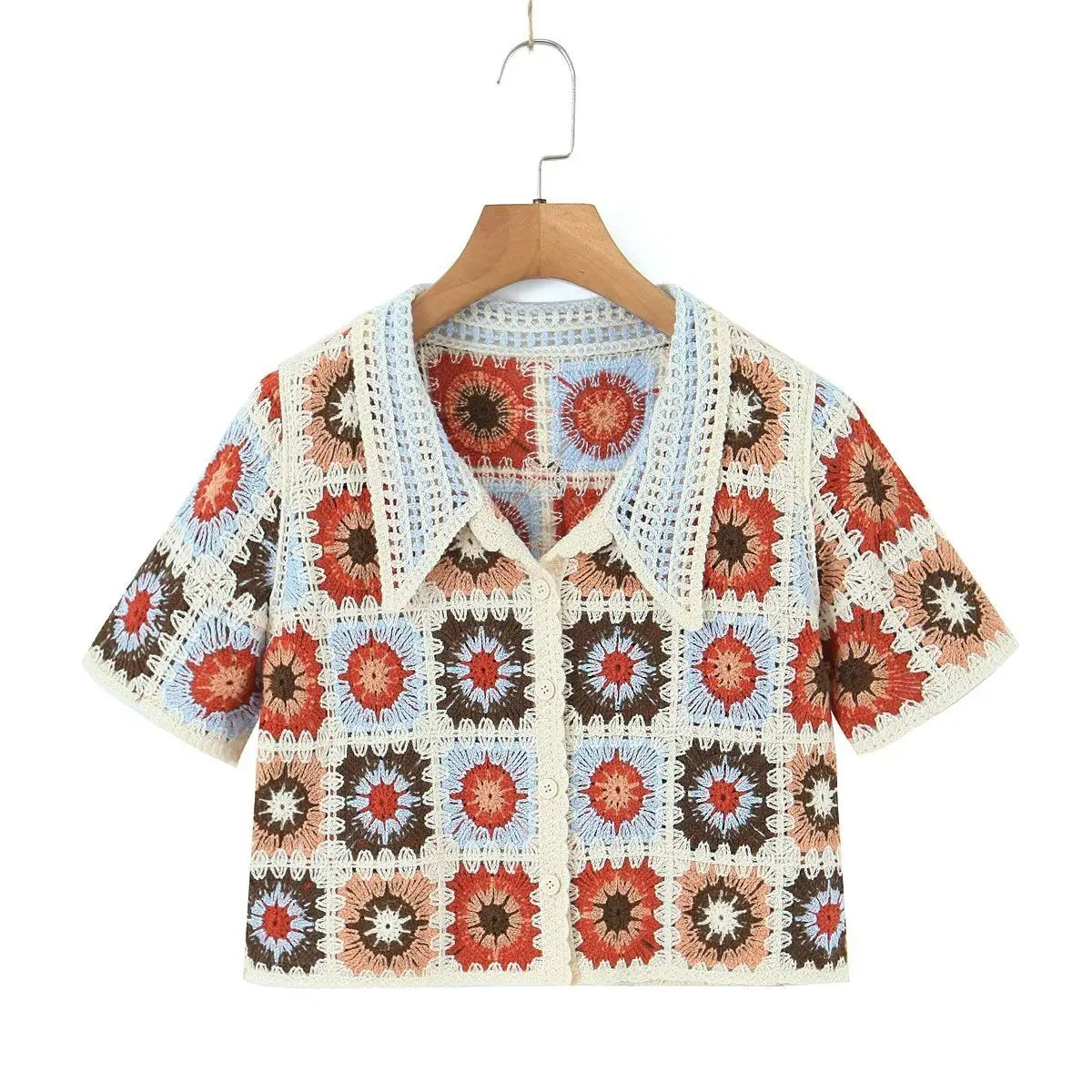 Granny Square Crochet Top Short Sleeve Collared Sheer Open-knit Button-up Crop Blouse Women Teengirl Boho Vacation Summer Outfit