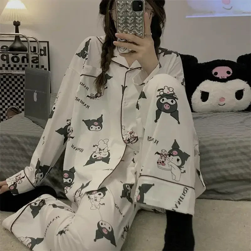 Sanrio Kuromi Hello Kitty Melody Pajamas for Women Kawaii Cartoon Loose Sleepwear Pajamas Sets Short Clothes Christmas Gift