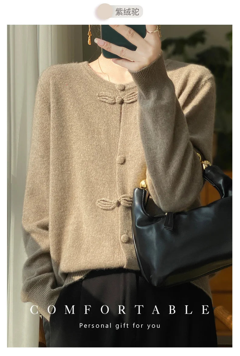 Women New Fashion Autumn Winter 100% Merino Wool Sweater O-neck Chinese Style Buckle Cardigan Soft Knitwear Female Clothing Tops