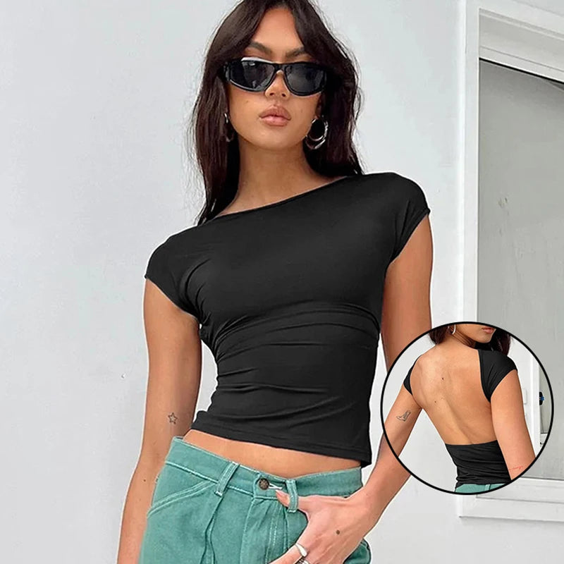 Sexy Backless Black T-shirts Women Short Sleeve Solid O-Neck Fashion Summer New Tees Clubwear Streetwear Casual Slim Crop Top