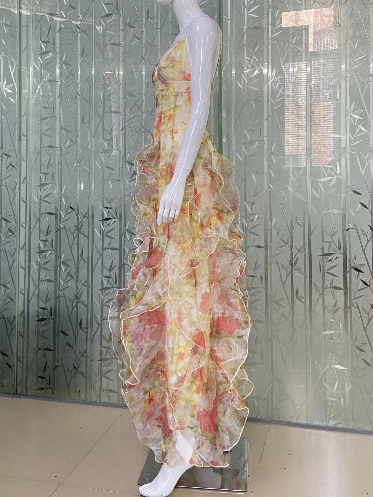 New Sexy Sleeveless V Neck Printed Ruffles Long Dress Women Spaghetti Strap Floral Printing Split Dress Holiday Party Sundress