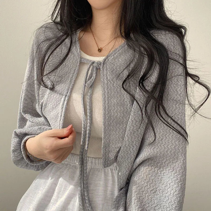 Rimocy 2023 Thin White Cardigan Women Summer Sunscreen Lace-Up Knitwear Top Female Korean Style Lantern Sleeve Short Coat Woman