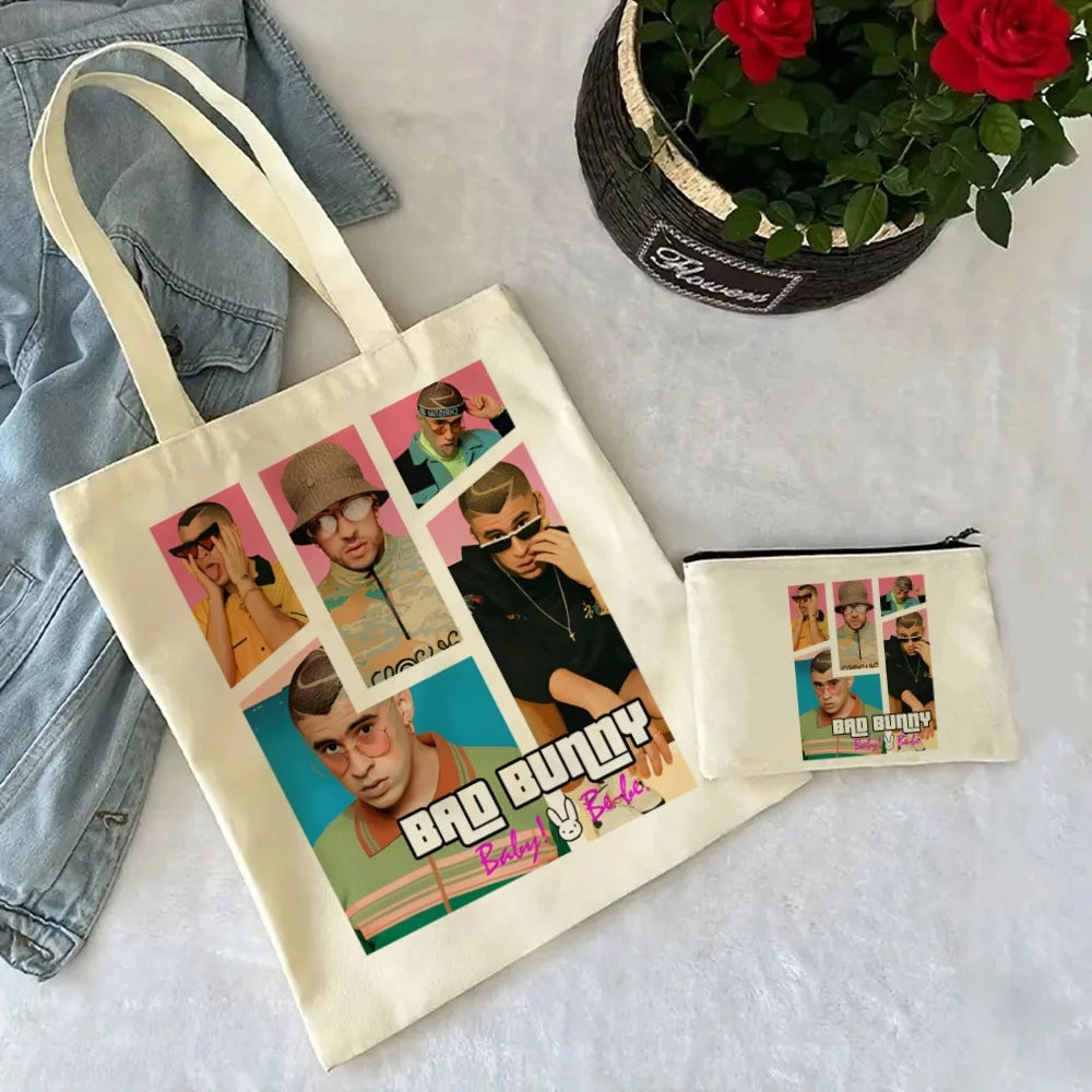 Un Verano Sin Ti Gift Bag Set, Bad Bunny Print Tote Bag, Casual Canvas Shoulder Bag with Mini Storage Bag