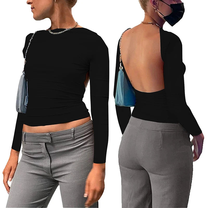 Sexy Backless Black T-shirts Women Short Sleeve Solid O-Neck Fashion Summer New Tees Clubwear Streetwear Casual Slim Crop Top