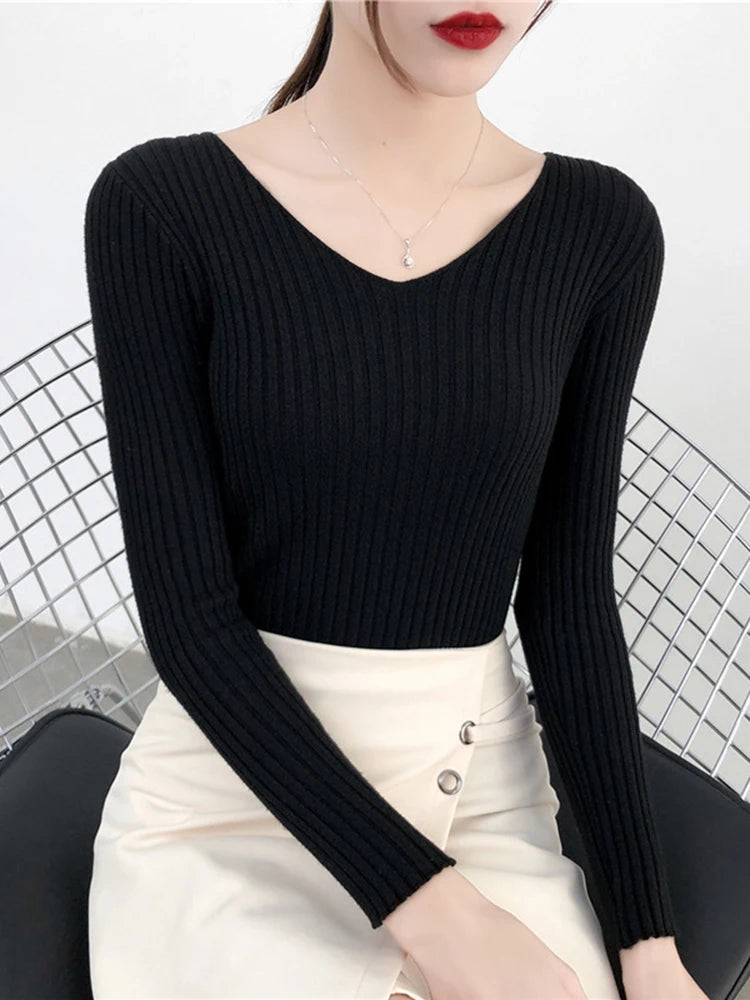 2025 V Neck Women Autumn Winter Sweaters Slim Knitted Pullovers Soft Warm Solid Jumper Female Sweater Casual Knitwear Jersey Top