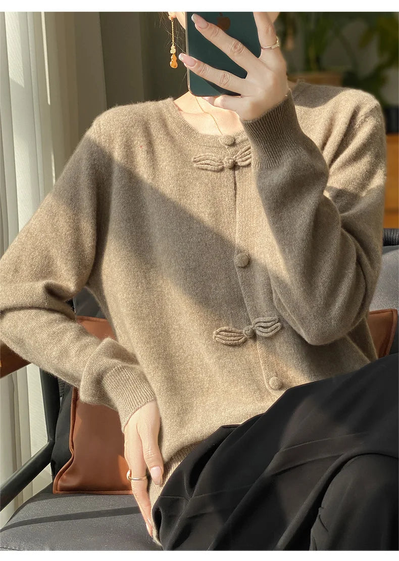 Women New Fashion Autumn Winter 100% Merino Wool Sweater O-neck Chinese Style Buckle Cardigan Soft Knitwear Female Clothing Tops