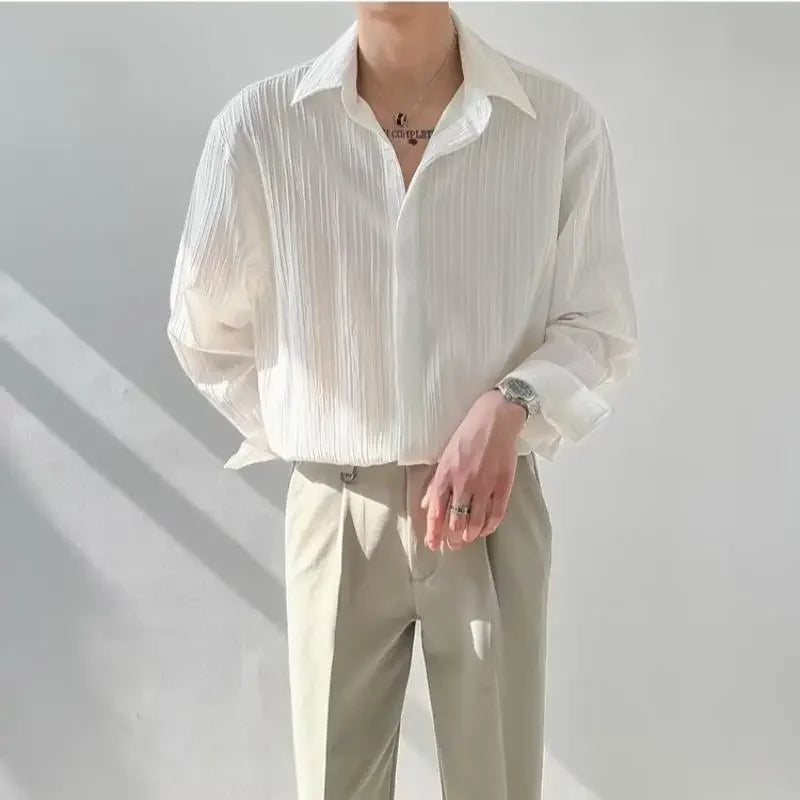 Trendy Stylish Striped No-iron Shirt Autumn Texture Top Korean Version Loose-fit Casual Long Sleeves Shirt For Men