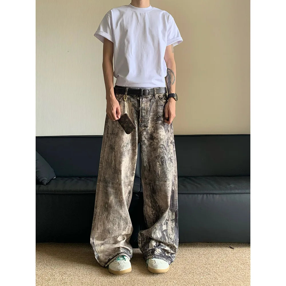 Jeans Men Floor Length Pant Denim Pants Camouflage Print Loose Casual Straight Trousers Pocket Splice Autumn Winter 2024