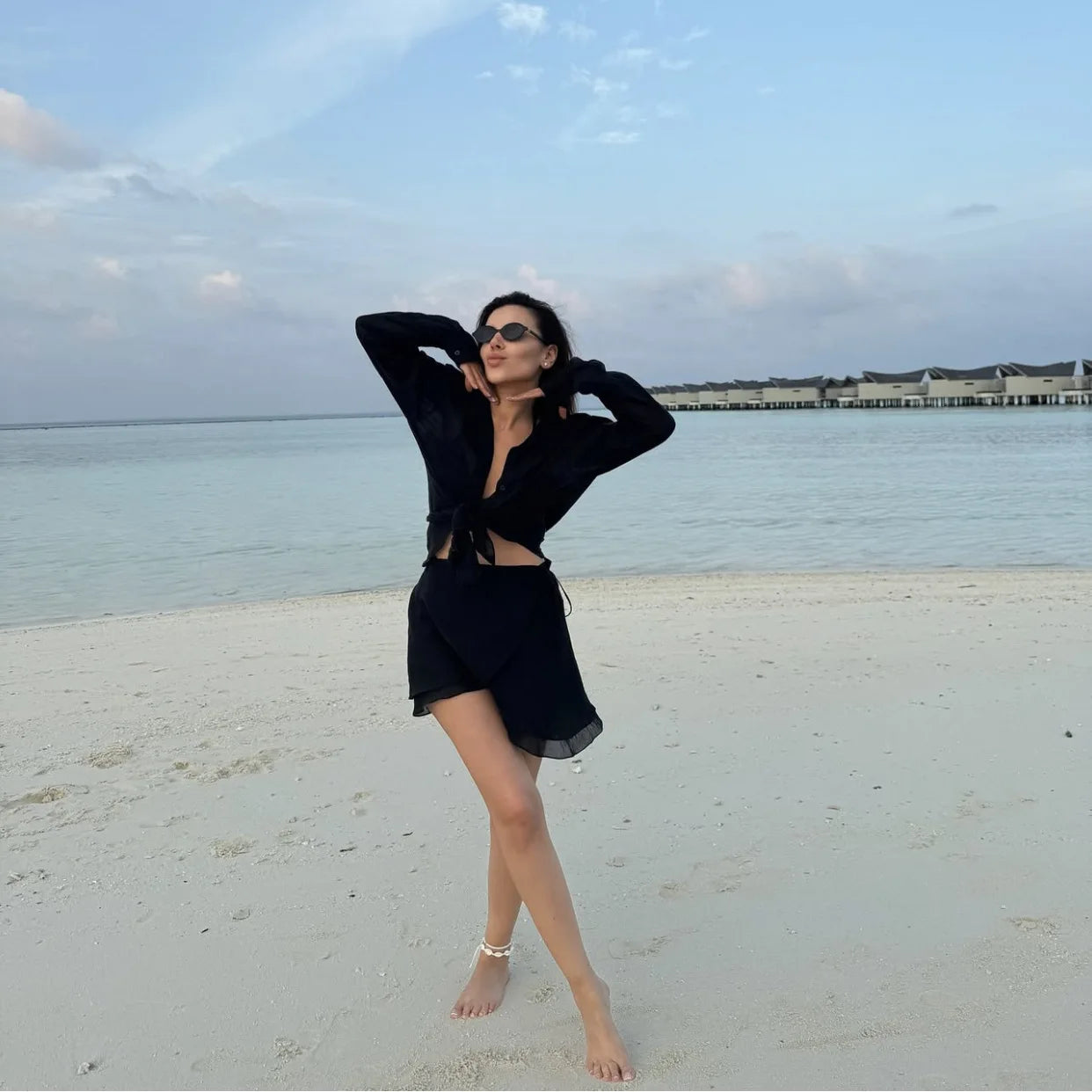 Casual 2 Piece-Set Summer Female Cover up And Ruffled Mini Skirt Lace-Up Beach Holiday See-Through Loose Women's Outfits