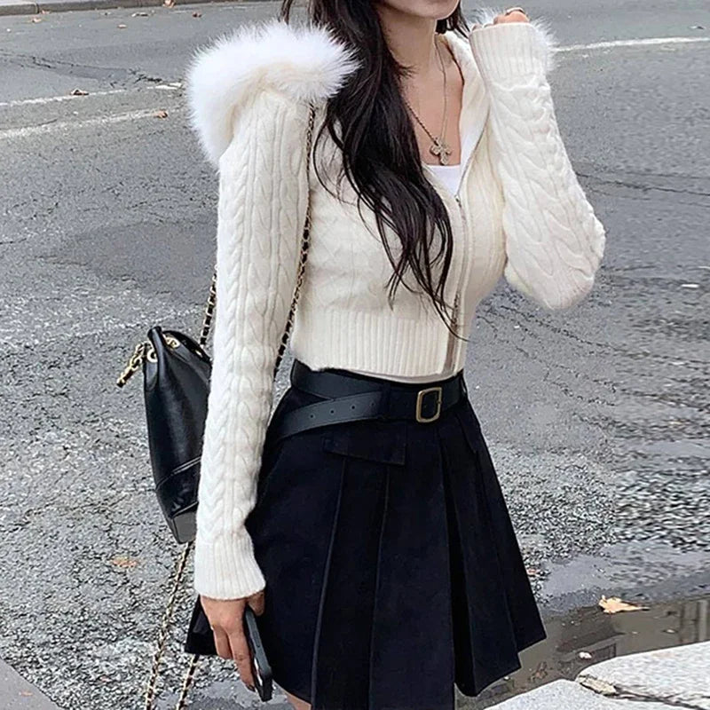 Korean Style White Twisted Autumn Cardigan Crop Knit Fluffy Zip Up Knitted Sweater Hooded Jacket Faux Fur Trim Collar