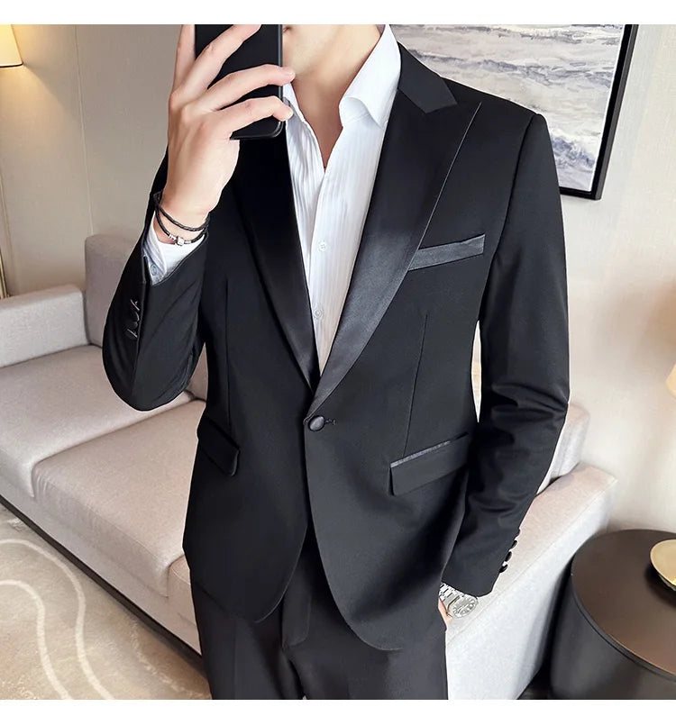 ( Jacket + Vest + Pants ) High-end Brand Boutique Fashion Men's Casual Business Black Smoking Suit Groom Wedding Dress Tuxedo