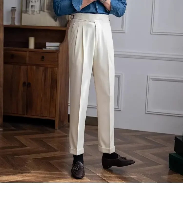 High-waisted Casual Straight-leg Suit Pants For Men Autumn Vintage Draped Waist Trousers Naples Retro Style Business Formal Wear