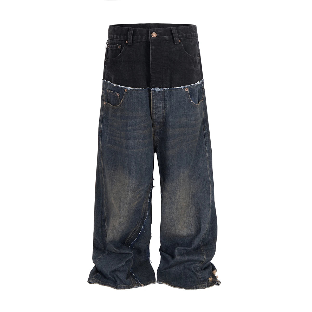 CUT-UP Double-layer Double Waist Patchwork Baggy Jeans for Men and Women Straight Casual Loose Denim Trousers Oversized