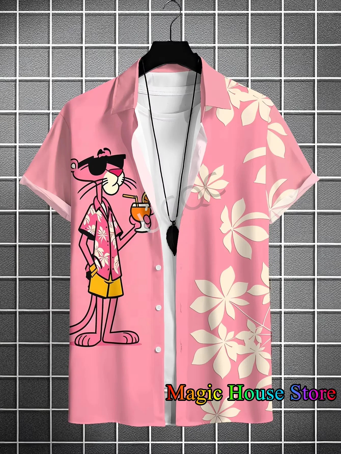 MINISO New Men's Lapel Short Sleeve Hawaiian Shirt Summer Pink Panther Print Hawaii Vacation Casual Fashion Kids/Adult Tops