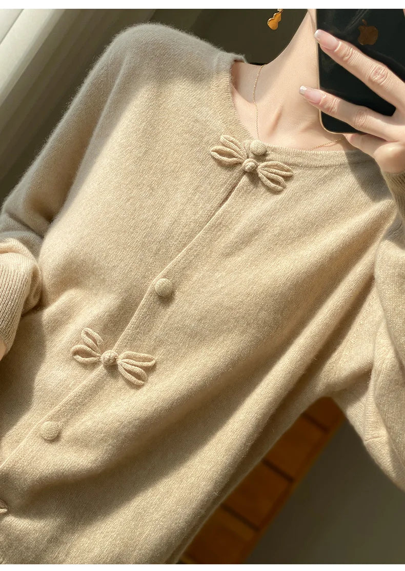 Women New Fashion Autumn Winter 100% Merino Wool Sweater O-neck Chinese Style Buckle Cardigan Soft Knitwear Female Clothing Tops
