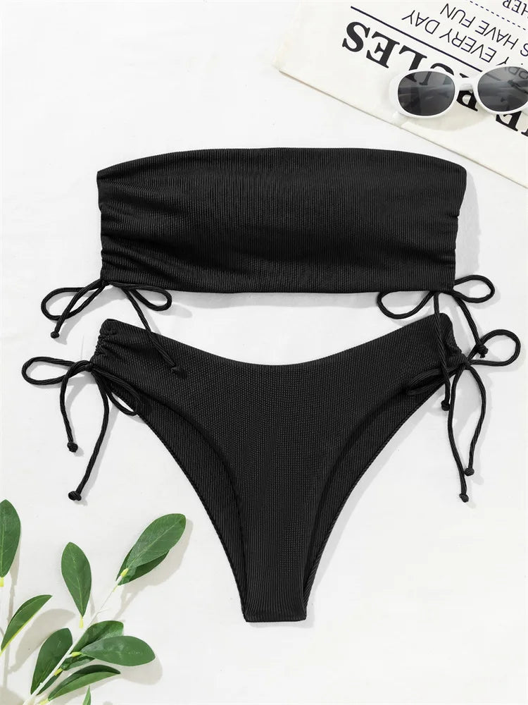 UETEEY 2025 New Summer Swimwear Bikinis Set Sexy Strapless Bikini 2 Piece Set Women Solid Split Swimsuit Backless Beach Bikini