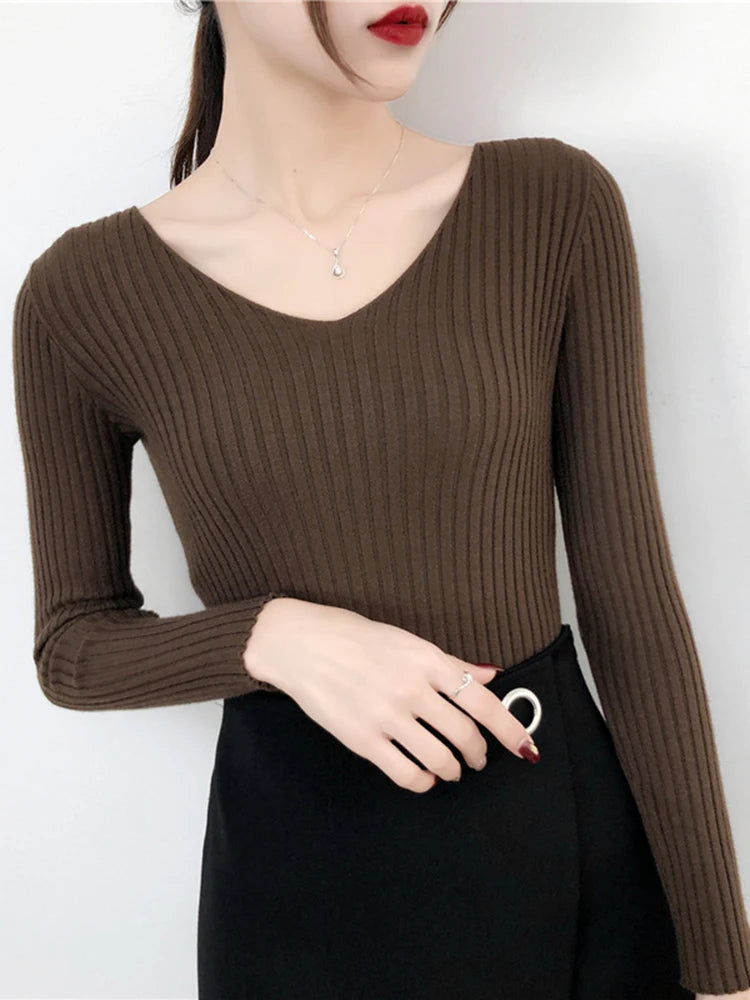 2025 V Neck Women Autumn Winter Sweaters Slim Knitted Pullovers Soft Warm Solid Jumper Female Sweater Casual Knitwear Jersey Top