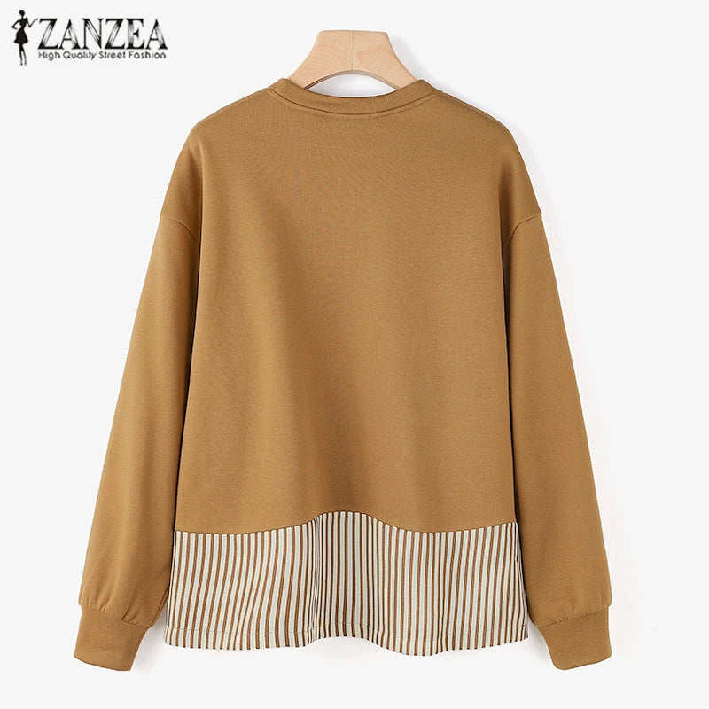 ZANZEA Women Long Sleeve Hoodies 2024 Autumn Fake Two Piece O-Neck Sweatshirt Fashion Loose Stripes Splicing Front Slit Pullover