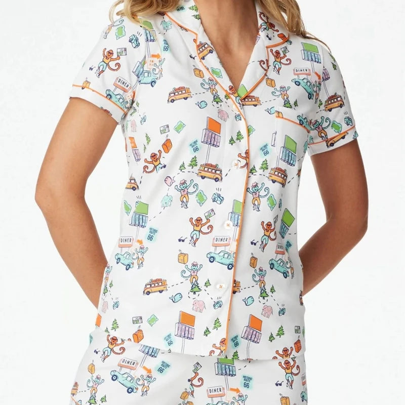 Kawaii Cartoon Print Lounge Pajama Sleepwear Women Short Sleeve Blouse Shirt Top + Shorts Y2K Vintage Comfy 2 Piece Set Outfits