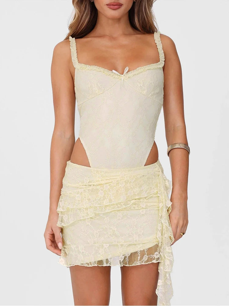 Weird Puss Jacquard Elegant 2 Piece Women Low-Neck Sleeveless Bodysuits+Ruched See Through Tassel Skirts Beach Party Trend Suits