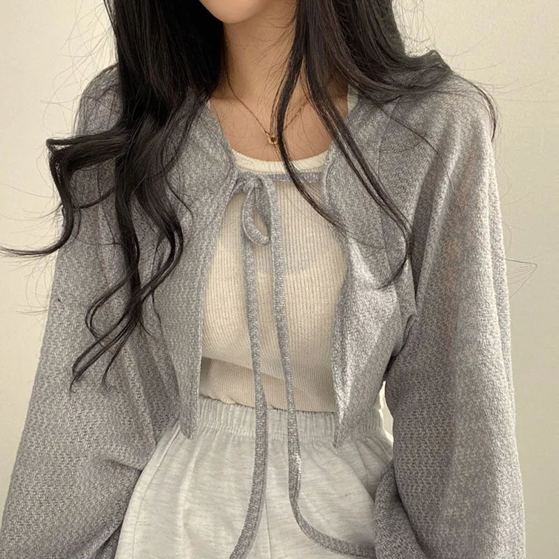 Rimocy 2023 Thin White Cardigan Women Summer Sunscreen Lace-Up Knitwear Top Female Korean Style Lantern Sleeve Short Coat Woman