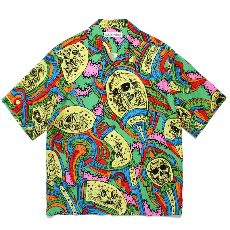 Summer Blue Letters Embroidery WACKO MARIA Shirts Men Women Graphics Print Hawaiian Short Sleeve Tee Casual Fashion Beach Shirt