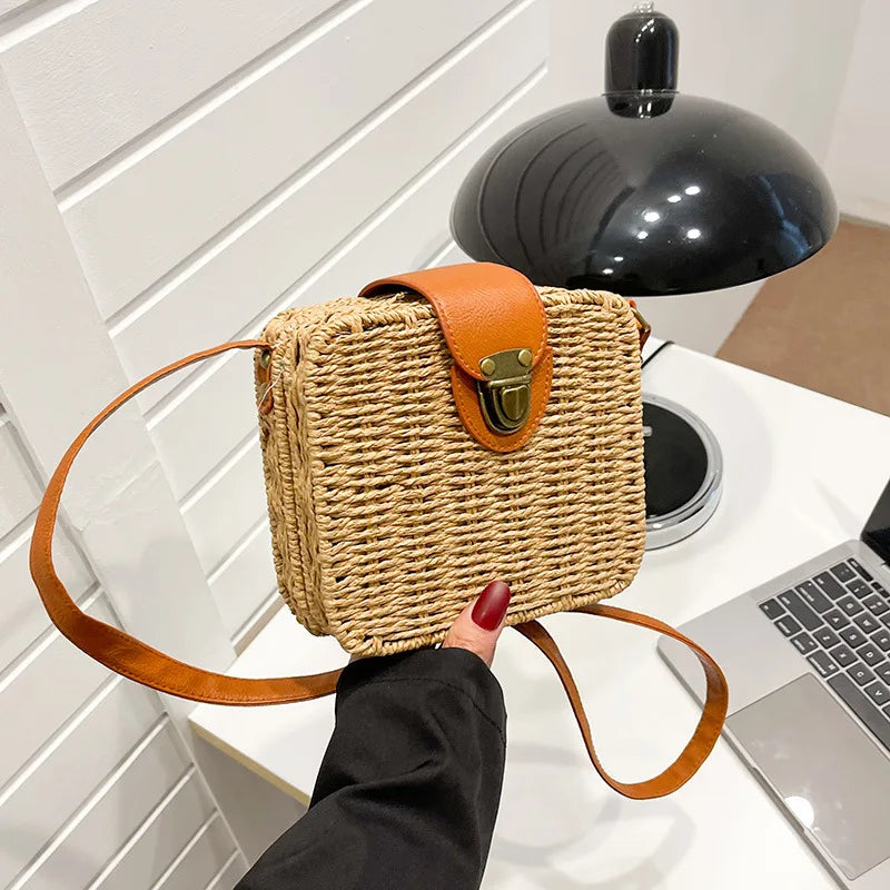 Hand-woven Women Straw Bag Ladies Shoulder Bags Beach Travel Crossbody Bag Female Small Rattan Box Handbag Shopper Totes Bohemia