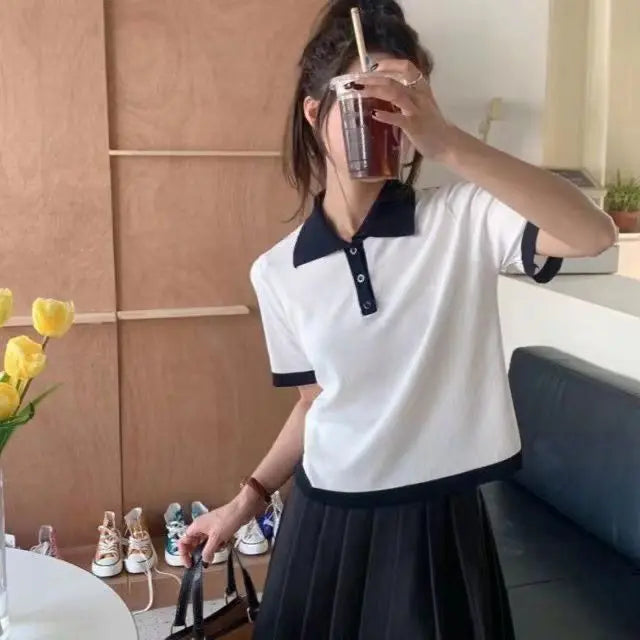 College Style Summer New Knitted Short-sleeved Ice Silk T-shirt Women's Polo Shirt Design Niche Short Underwear Top