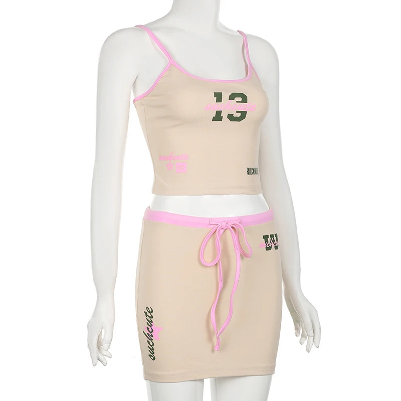 Cuteandpsycho Letter Print Two Pieces of Sets Women's Aesthetic Sexy Fashion Camisole and Mini Skirts Outfit Casual Summer Cloth