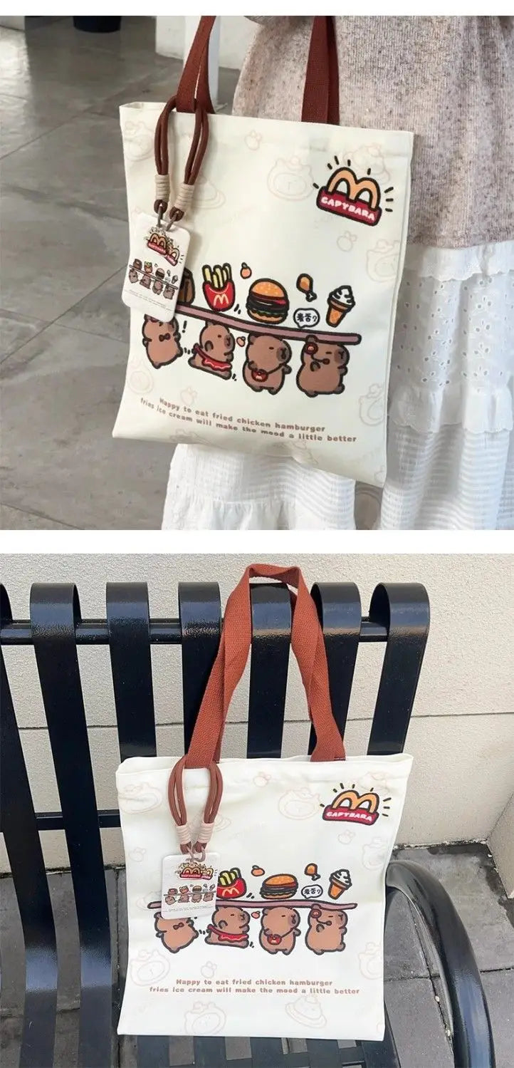 Canvas Bag Novelty Tote Bag Kapibara with Zipper Inner Daily Large Capacity Shoulder Bag Cartoon Capybara Kawai Handbags