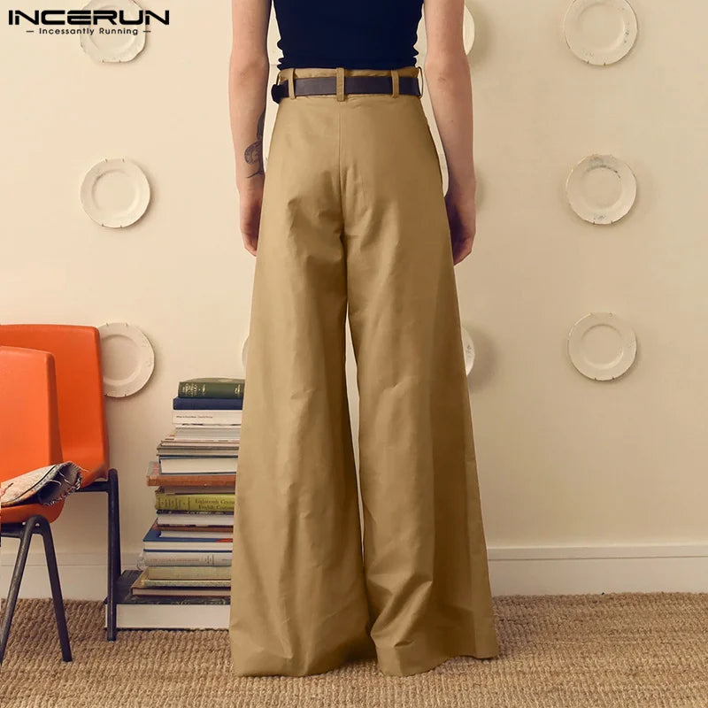 INCERUN Men Wide Leg Pants Solid Color Button Joggers Loose Pleated Casual Trousers Men Streetwear 2024 Fashion Long Pants S-5XL