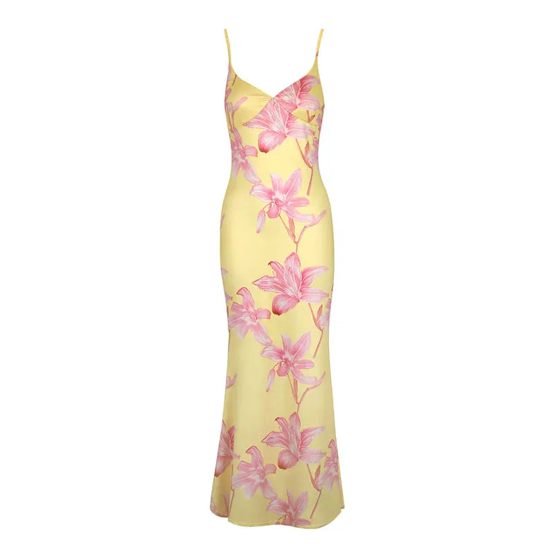 Women Sling Maxi Dresses Summer New Streetwear Fashion Print Casual Slim Dress Sexy Backless V-Neck Elegant Lady Dress Clothing