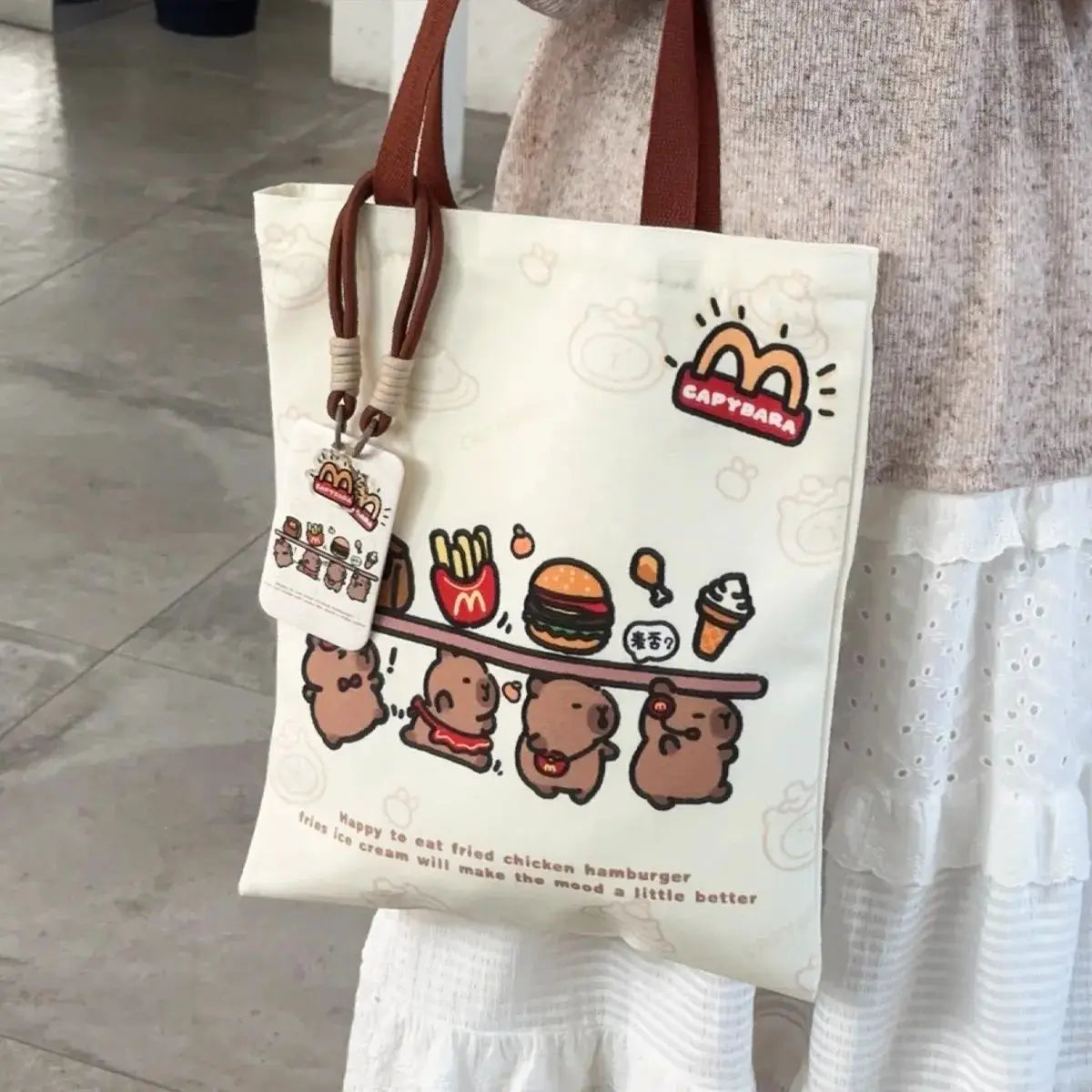 Canvas Bag Novelty Tote Bag Kapibara with Zipper Inner Daily Large Capacity Shoulder Bag Cartoon Capybara Kawai Handbags