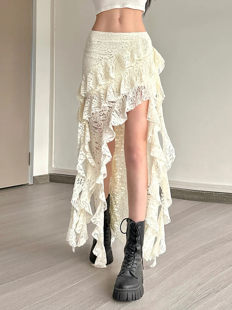 Nibber Tassels Women Skirts Irregular Hem Multi-Layered Ruffles Lace Patchwork Sweet Summer Trend Daily Skinny Versatile Bottoms