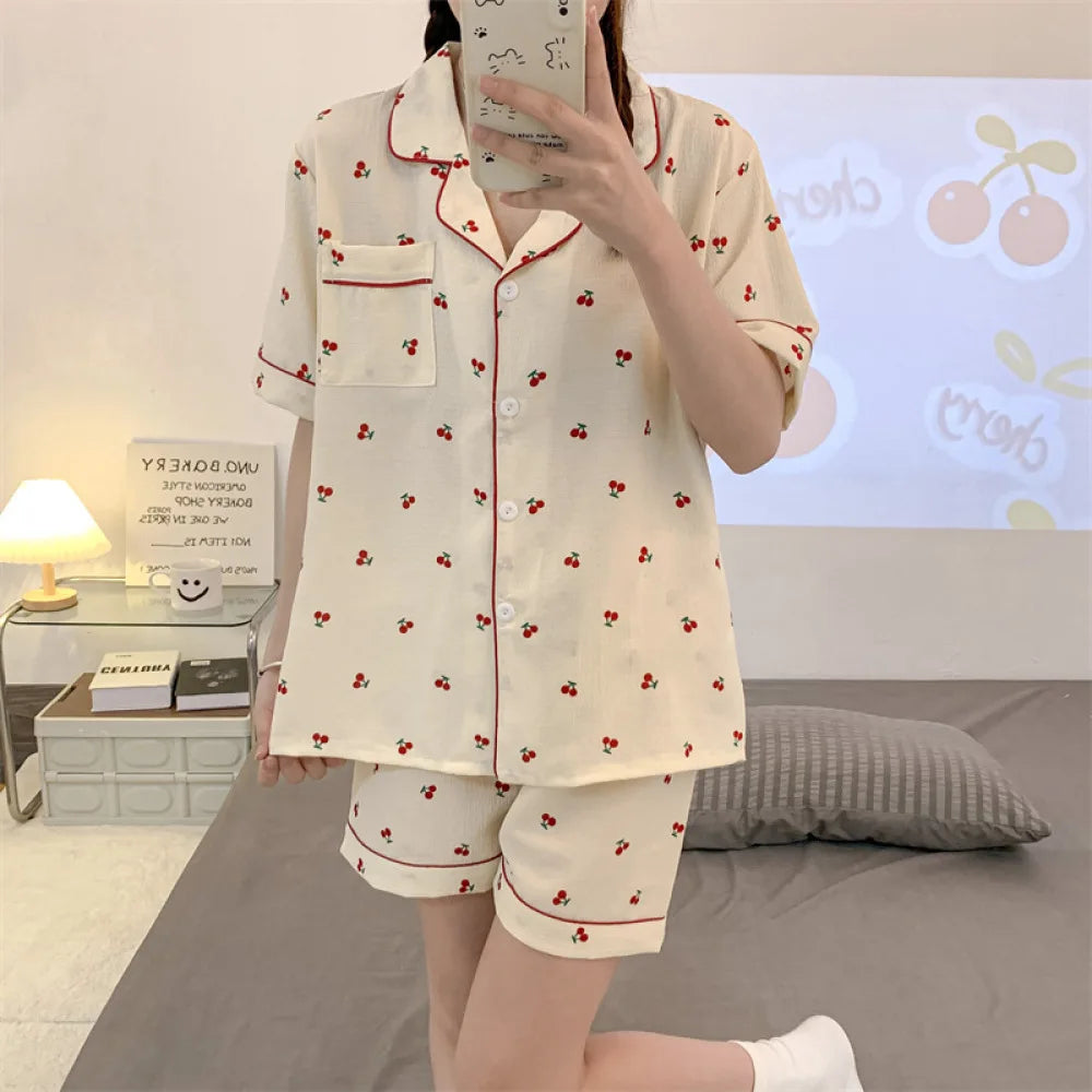 Women's Pajamas Sets Spring Summer 2 Piece Print Pyjama Buttons Down Sleepwear Pocket Short Sleeve Pijama Mujer Pjs Homewear
