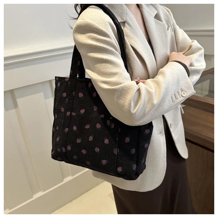 Corduroy Handbag Strawberries Beach Bag Fashionable Versatile Shoulder Bag LargeCapacity Simple Commuter Women's Tote Bag Bolsos
