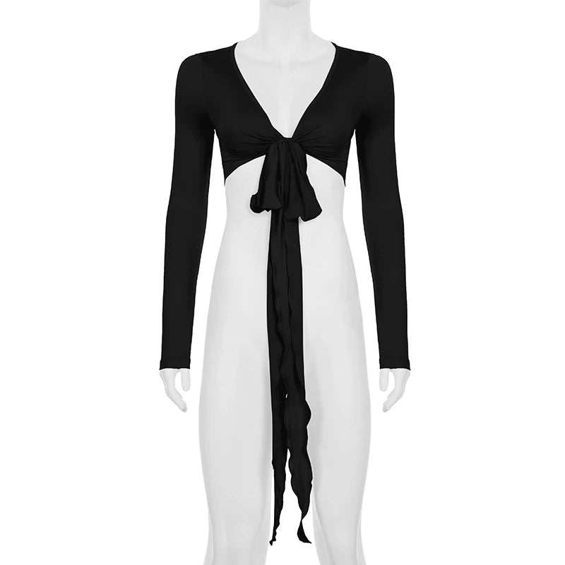 Cuteandpsycho Solid Slim Lace Up Leisure Shirts Long Sleeves V-neck Chic Basics Clothes Y2K Streetwear Casual Tops for Women