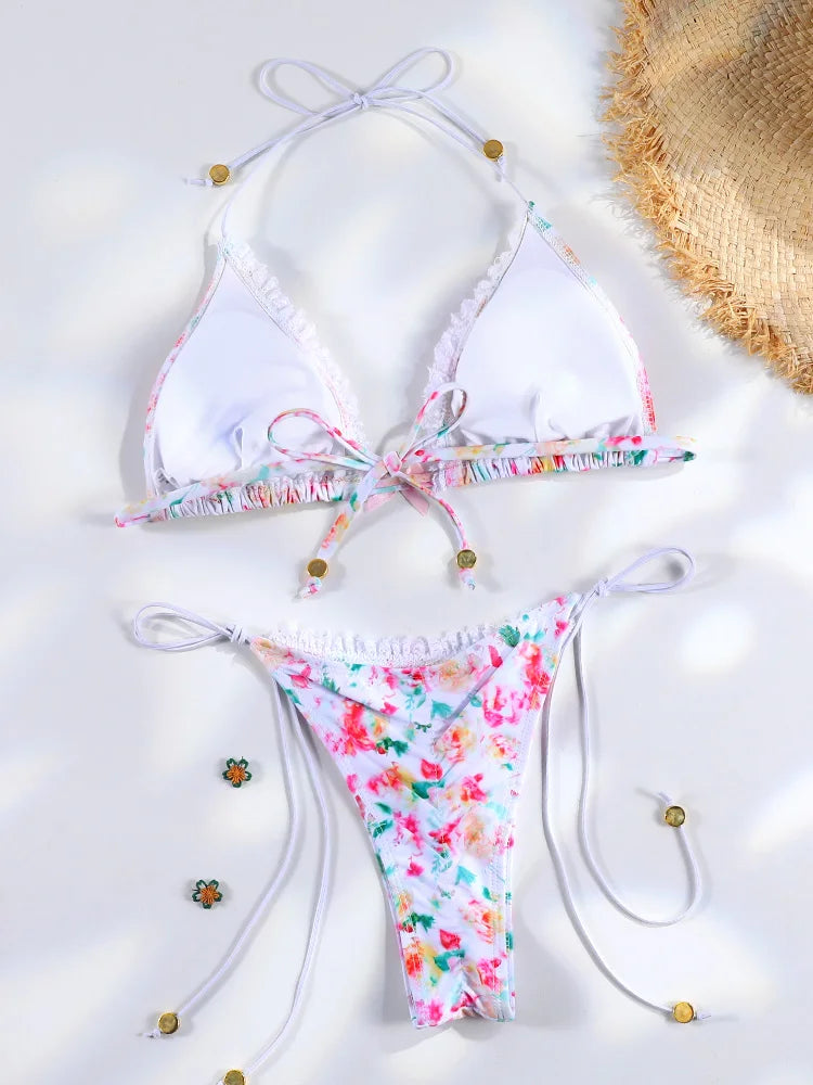 Plaid Print Bikinis Bow Swimwear Women Swimsuit Triangle Bikini Set Bandage Bath Suit Low Waist Thong Beachwear New Biquini