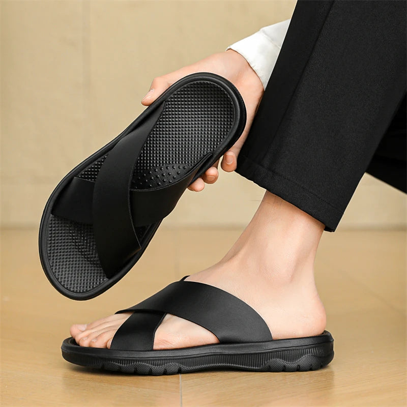 Mens Leather Slippers Comfortable Breathable Summer Big Size Sandals for Men with Soft Sole