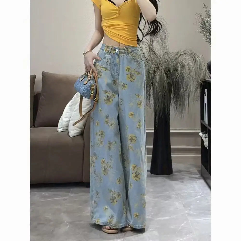 New High Waist 2025 American Retro Plant Flower Print Ladies Commuter Wide-leg Jeans Youthful and Beautiful Out of The Street