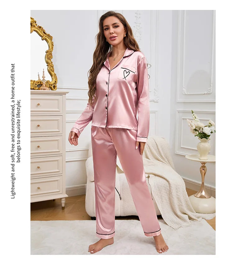 Women's Home Clothes Satin Pajama Autumn Long Sleeve Pocket Heart-shaped Embroidery Tops & Pants Pyjama Femme Loungewear Pj Set