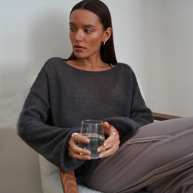 MSCSZ Red Long Sleeve Oversized Sweater Women Transparent Knitted Sweater 2025 Spring Autumn Cozy Sweaters Pullover Tops