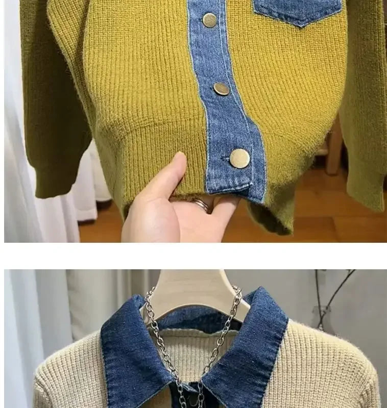Women's Trendy Vintage Denim Patchwork Single Breasted Knitted Cardigan Autumn Casual Long Sleeve Loose Chic Pocket Sweater Coat
