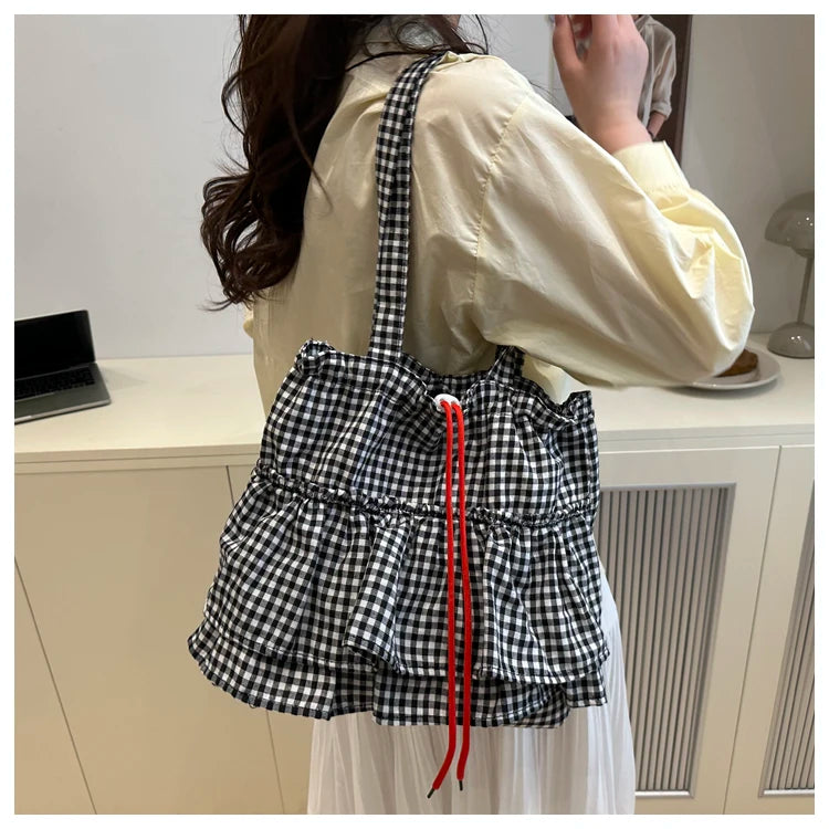 Korean Sle Large Capaci Canvas Tote Bag Blue Plaid Single oulder Skirt Pleated Gown Bag Faionable Casual Handbag