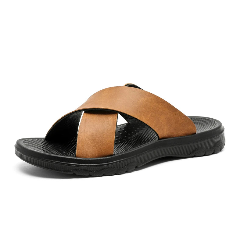 Mens Leather Slippers Comfortable Breathable Summer Big Size Sandals for Men with Soft Sole