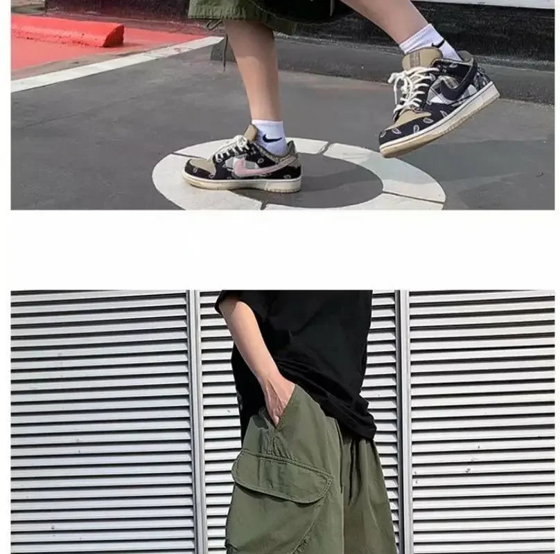 Khaki 7-point Men Summer Thin Japanese Workwear Wide-leg Loose Over-knee Shorts