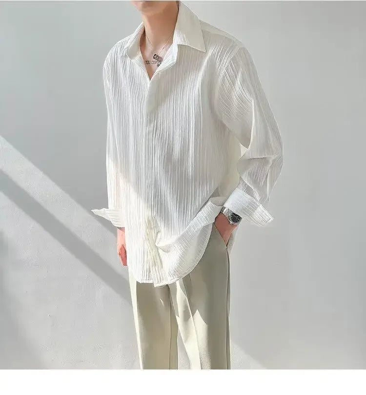 Trendy Stylish Striped No-iron Shirt Autumn Texture Top Korean Version Loose-fit Casual Long Sleeves Shirt For Men
