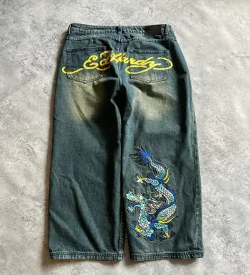 Y2K classic Gothic skull print casual straight leg high waisted pants hip-hop retro loose couple street aesthetic clothing jeans