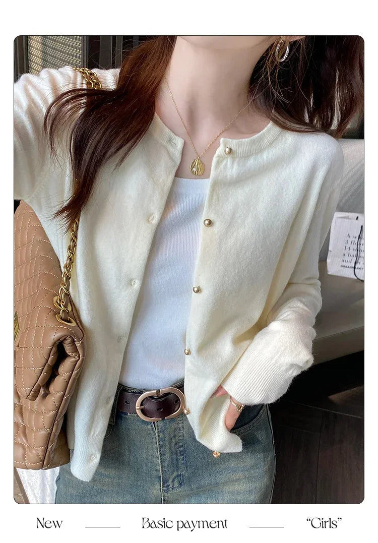 Solid Color Knitted for Women Cardigan Korean Single Breasted Long Sleeve Jumper Woman Round Neck All Match Cardigans Outwear